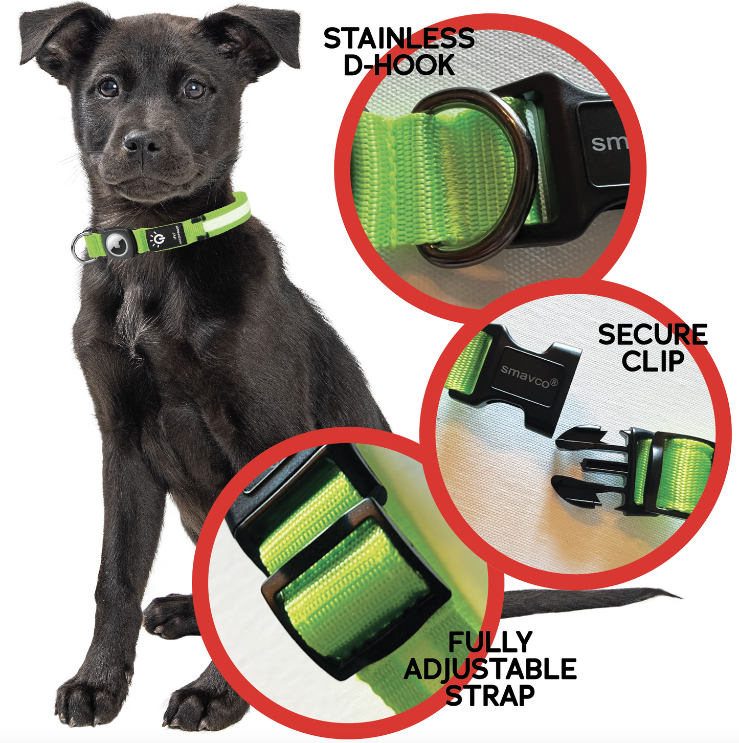 SMAVCO Airtag Holder LED Dog Collar Rechargeable, Waterproof, Adjustable, Soft, Reflective with USB Car & Wall Charger - Blue-SMAVtronics