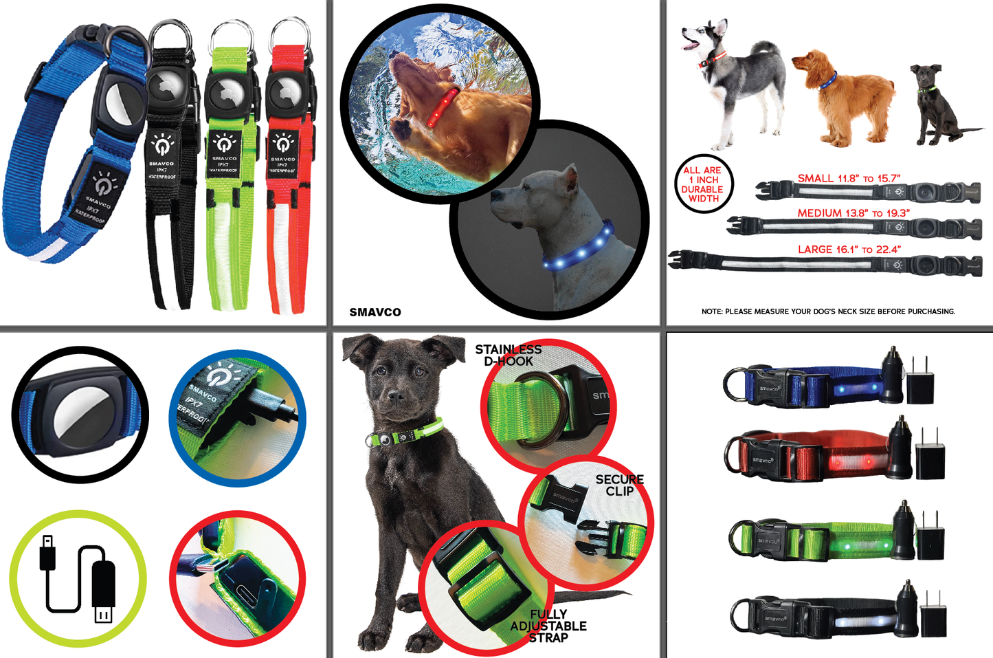 SMAVCO Airtag Holder LED Dog Collar Rechargeable, Waterproof, Adjustable, Soft, Reflective with USB Car & Wall Charger - Blue-SMAVtronics