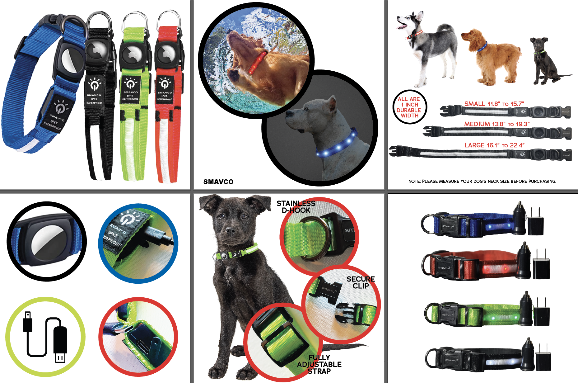 Airtag Holder LED Dog Collar Rechargeable, Waterproof, Adjustable, Soft, Reflective with USB Car & Wall Charger - Blue-SMAVtronics