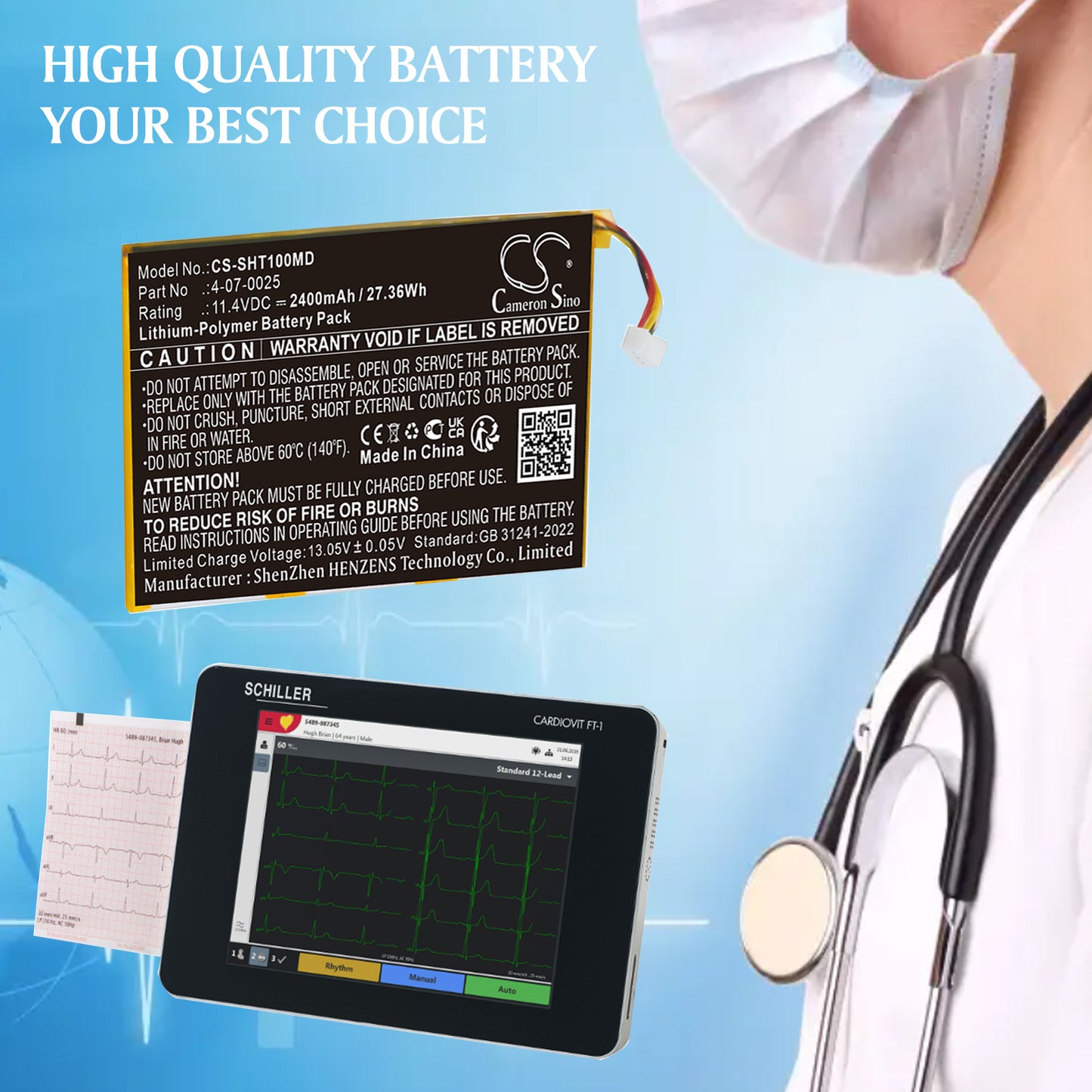 2400mAh 4-07-0025, 88890493, 4.350053 Battery for Schiller FT1 ECG