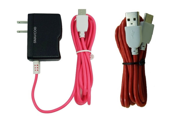 smavco Bundle AC to DC Wall Travel Home Power Charger Adapter and Red Data Sync USB Cable for NABi Jr and NABi XD Tablets, both 6.5 Feet (2 Meter) long (Pink)