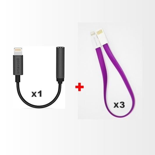 SMAVCO 1 x Black Lightning to 3.5mm Audio Adapter Plus 3 x 12in (0.3M) Short 8 Pin Purple Lightning to USB Data and Charging Cable for Apple iPhone 7 / 7 Plus-SMAVtronics