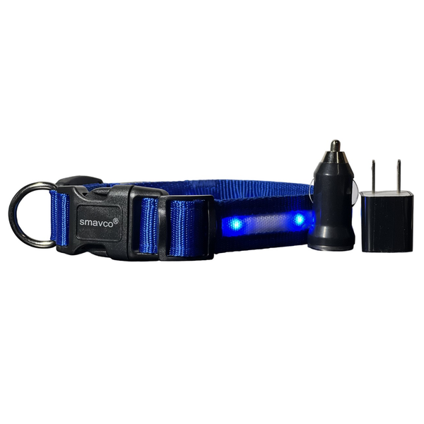 Airtag Holder LED Dog Collar Rechargeable, Waterproof, Adjustable, Soft, Reflective with USB Car & Wall Charger - Blue