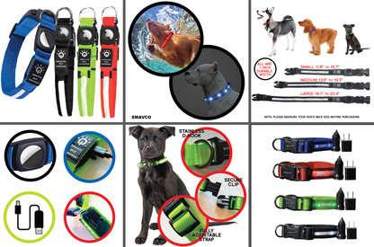 SMAVCO Airtag Holder LED Dog Collar Rechargeable, Waterproof, Adjustable, Soft, Reflective with USB Car & Wall Charger - Pink Red-SMAVtronics